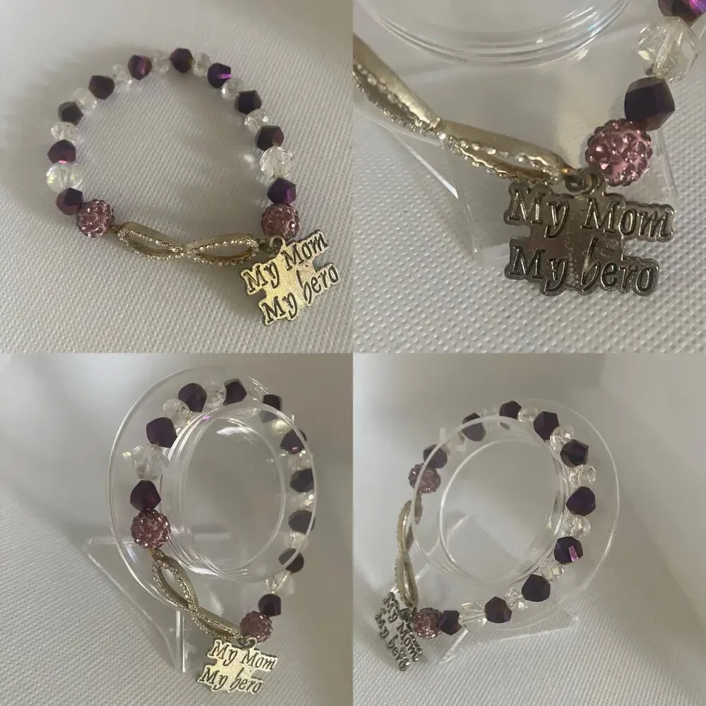Purple Mom Charm Bracelet Set of 3 Beaded Faux Pearl Crystal Stretch Jewelry